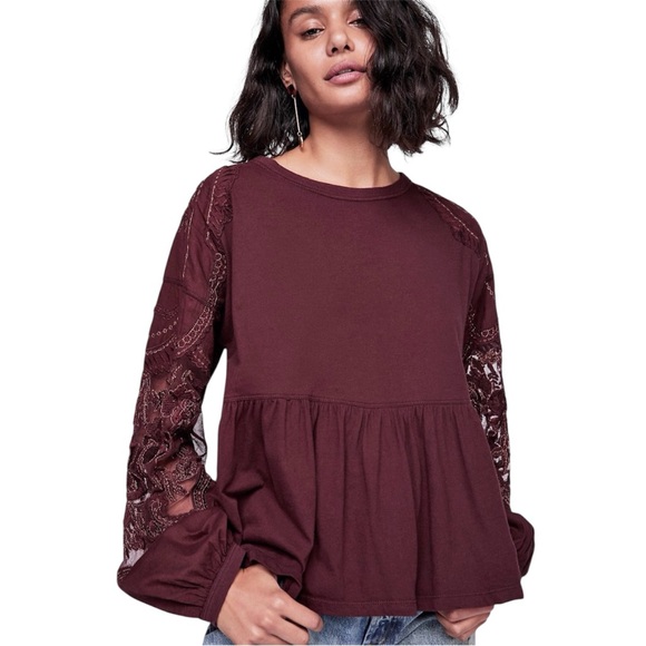 Free People Penny Sheer Mesh Floral Metallic Embellished-Sleeve Top Size M - Picture 1 of 14